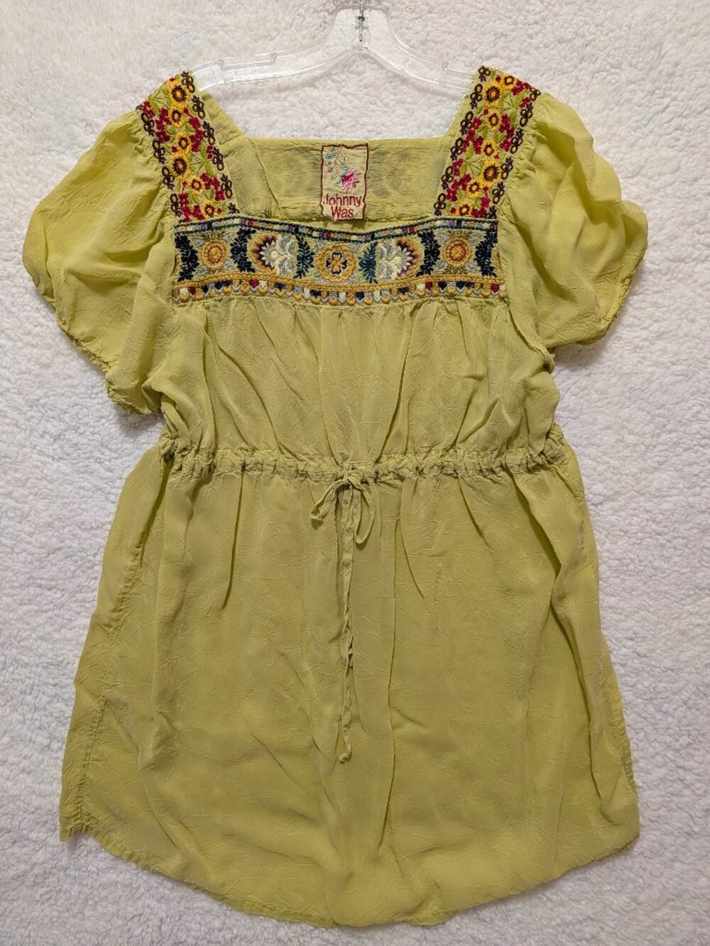 Johnny Was Light Green Floral Embroidered Peasant Tunic Blouse Short Sleeve Rayo